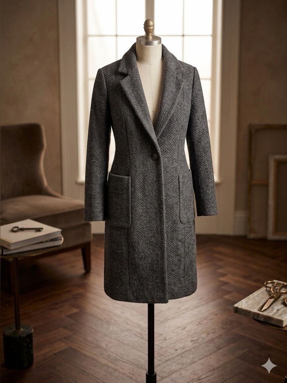 Banana Republic Long Knit Wool Twill Coat Charcoal XSP